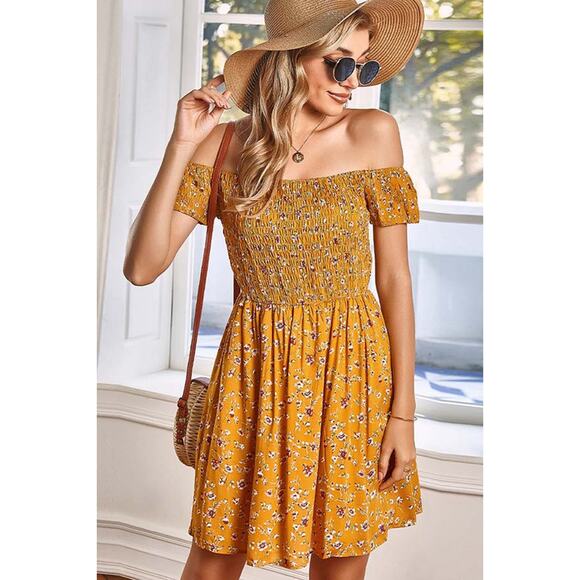 Mustard Yellow Smocked Floral Babydoll Dress - Medium - Picture 1 of 5